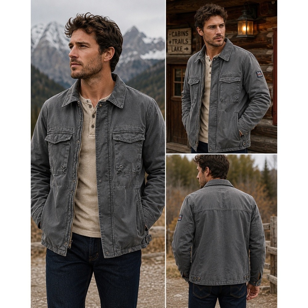 Eddie Bauer Men Charcoal Gray Washed Cotton Twill Utility Field Grunge Jacket XL